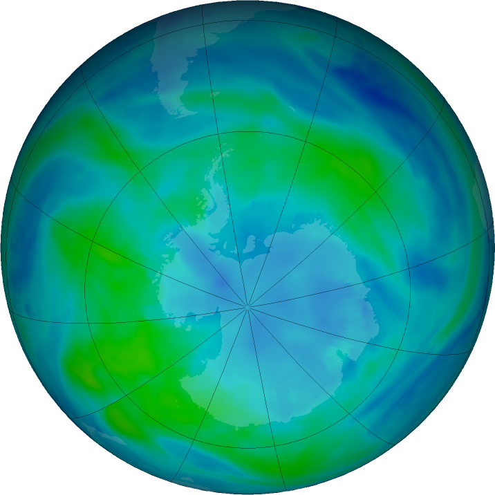 Antarctic ozone map for 16 April 2022
